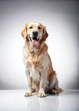 Golden retriever köpeği beyaz arka planda soluk soluğa oturuyor.