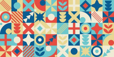 Yüzyılın ortalarında modaya uygun neo geometrik bauhaus tarzı mozaik memphis cesur basit şekiller neo jeo soyut geometrik vektör çizimi ile çağdaş tekrarlanabilir dikişsiz desen.