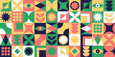 Yüzyılın ortalarında moda neo geometrik Bauhaus stili İskandinav memphis çağdaş düzenlenebilir düzenlenemez desen neo jeo soyut geometrik vektör çizimi.