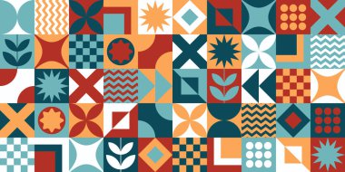 Yüzyılın ortalarında neo memphis soyut canlı renkler geometrik bauhaus stili memphis çağdaş tekrarlanabilir düzenlenebilir düzenlenemez desen neo jeo geometrik vektör çizimi.