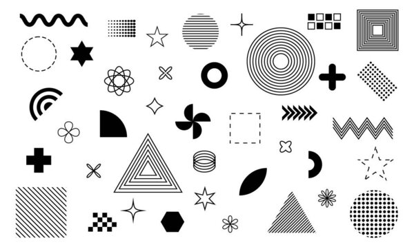 Big set of memphis style geometrical shapes and elements on white background flat vector illustration.