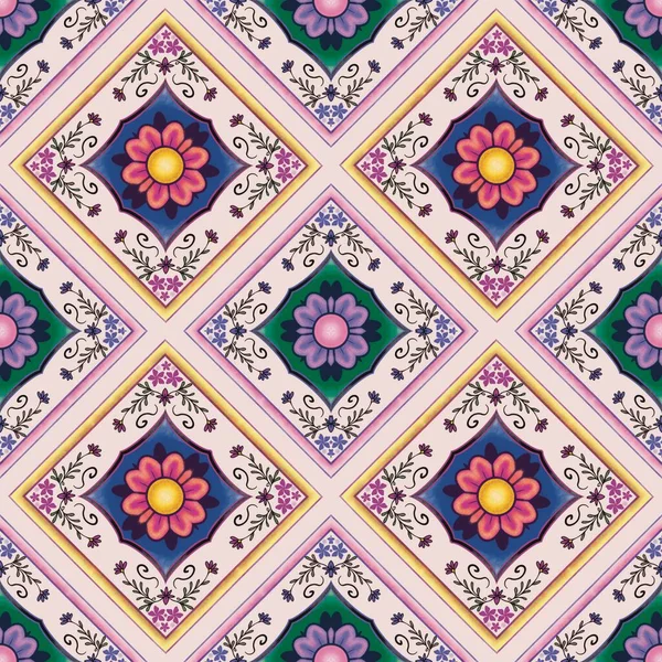 Ethnic Floral Damask Pattern Μπεζ Φόντο Απρόσκοπτη Μοτίβο Παραδοσιακό Σχεδιασμός — Διανυσματικό Αρχείο