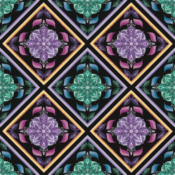 Modèle Damas Floral Mandala Ethnique Sur Fond Noir Motif Sans — Image vectorielle