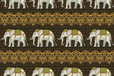 Altın Arkaplanda Geleneksel Etnik Tayland Fil Deseni. Kumaş, halı, fayans, nakış, duvar kağıdı ve arkaplan için kusursuz desen tasarımı