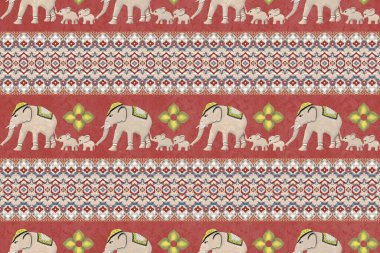 Kırmızı arka planda etnik fillerin kusursuz desenleri var. Kumaş, halı, fayans, nakış, arkaplan ve duvar kağıdı için vektör tasarımı
