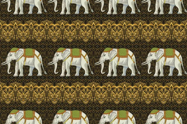 Altın Arkaplanda Geleneksel Etnik Tayland Fil Deseni. Kumaş, halı, fayans, nakış, duvar kağıdı ve arkaplan için kusursuz desen tasarımı