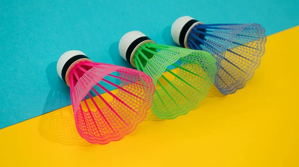 Badminton Balls Combination Yellow Turquoise Background Minimal Creative Composition — Stock Photo, Image