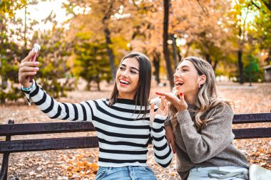 Parktaki bankta oturan iki kadın birlikte selfie çekmek için akıllı telefon kullanıyor. Park ayarları arka planda görünür.