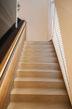 Merdivenler bir binanın ön cephesindeki pencereye çıkıyor. Merdivenler betondan yapılmış ve her iki tarafında parmaklıklar var. Pencere geniş ve dikdörtgendir, bu da iç mekan içerisine bakmamızı sağlar.