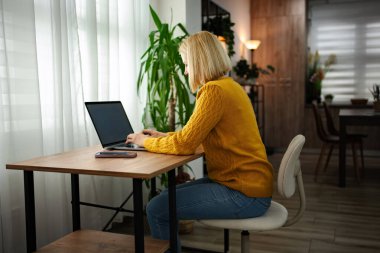 Yeşillik dolu rahat bir ev ofisinde parlak kazaklı bir kadın dizüstü bilgisayarına dikkatlice bakar. Güneş ışığı perdelerin arasından süzülür, sakin bir atmosferi güçlendirir..