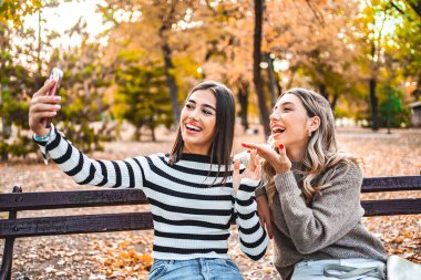 Parktaki bankta oturan iki kadın birlikte selfie çekmek için akıllı telefon kullanıyor. Park ayarları arka planda görünür.