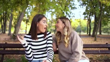 Arkadaşlar renkli sonbahar ağaçları altında keyifli bir sohbetin tadını çıkarırlar.