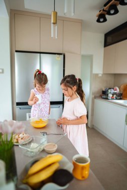 İki genç kız, sıcak bir mutfakta birlikte yemek pişirmekten hoşlanırlar..