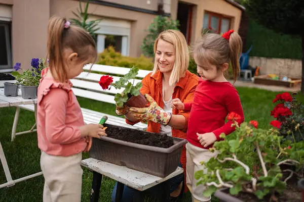 Güneşli bir öğleden sonra bir anne-kız bahçesi..