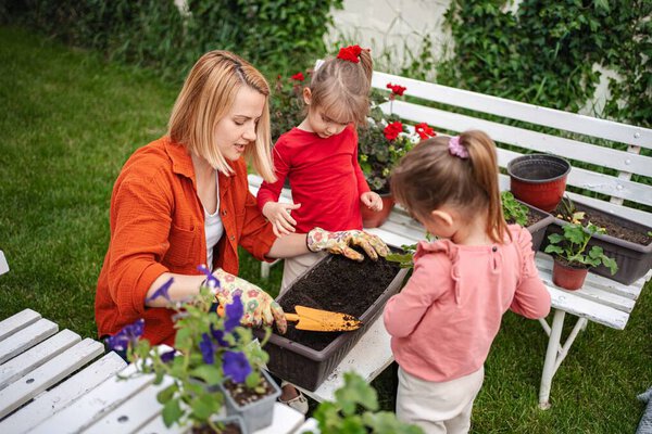 Mother and daughters planting flowers together in the garden
