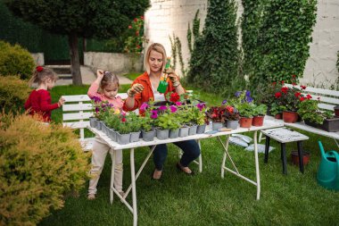 Anne ve kızları birlikte hayat dolu çiçekler dikmenin tadını çıkarıyorlar..