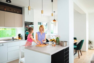 Anne ve kızı güneşli bir mutfakta mutlu bir şekilde yemek pişiriyor..