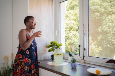 Ev yapımı limonata içen ve modern mutfağındaki pencereden dışarı bakan genç bir kadın..