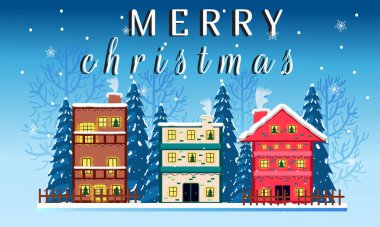 Mezuniyet kartlarının şablonu, tebrik kartı Noel şablonu, Noel ve yeni yıl kartı düzenlenebilir resimli bina ve ağaç