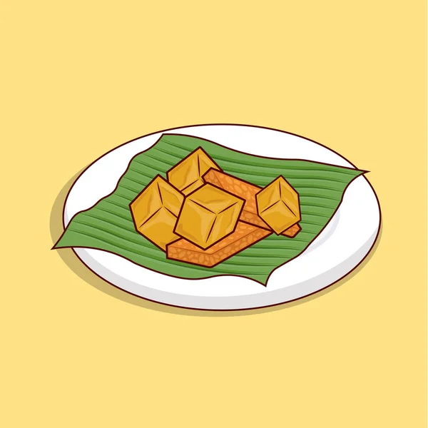 Gıda ikonu, Asya yemek ikonu resimlemesi, yemek menüsü ikonu resimlemesi için muz yaprağı üzerinde tofu ile ayrıntılı tempo