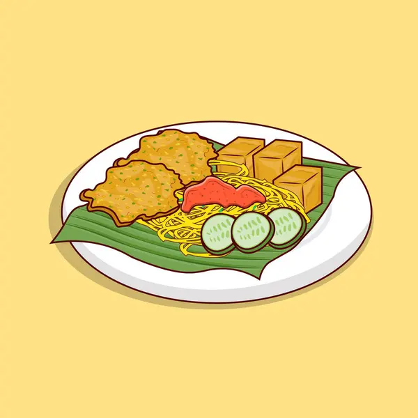 illustration of traditional food dish, Bakwan sayur or vegetable fritter with noodles and tofu on green leaf and white plate, indonesian snack, asian food, detailed of bakwan on green leaf