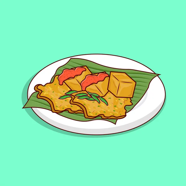 illustration of traditional food dish, Bakwan sayur or vegetable fritter with tofu and chilli sauce on green leaf and white plate, indonesian snack, asian food, detailed of bakwan on green leaf
