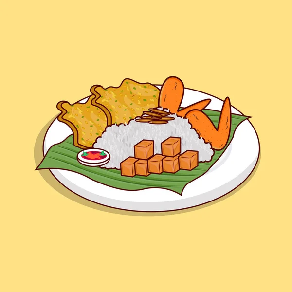 Ayrıntılı Nasi lemak yemek illüstrasyonu, yemek ikonu için ahşap tabakta pirinç, Asya gıda vektör ilüstrasyonu için nasi lemak, tavuklu pirinç ve bakvanlı tofu Endonezya 'da geleneksel yemek olarak yeşil yaprak, Asya gıda ikonu olarak yeşil yapraklı