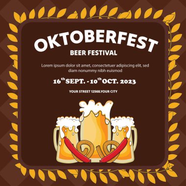 Oktoberfest bira festivali kutlaması için vektör düz illüstrasyon, Oktoberfest posta şablonu