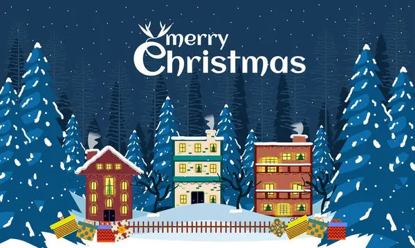 Kış gecesinde dağ manzaralı ve karlı bir köy Noel için düzenlenebilir şablon tebrik kartı hikayeleri, manzara arka planı