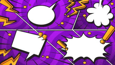 Pop Art Style, Yarıtonlama Noktaları, Konuşma Baloncukları ve Dinamik Eylem Patlamaları ile Renkli Retro Çizgi Roman Patlaması Arkaplanı