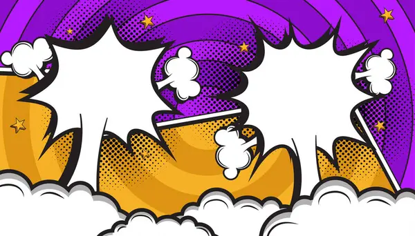 Pop Art Style, Yarıtonlama Noktaları, Konuşma Baloncukları ve Dinamik Eylem Patlamaları ile Renkli Retro Çizgi Roman Patlaması Arkaplanı