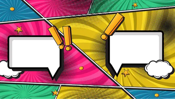 Pop Art Style, Yarıtonlama Noktaları, Konuşma Baloncukları ve Dinamik Eylem Patlamaları ile Renkli Retro Çizgi Roman Patlaması Arkaplanı