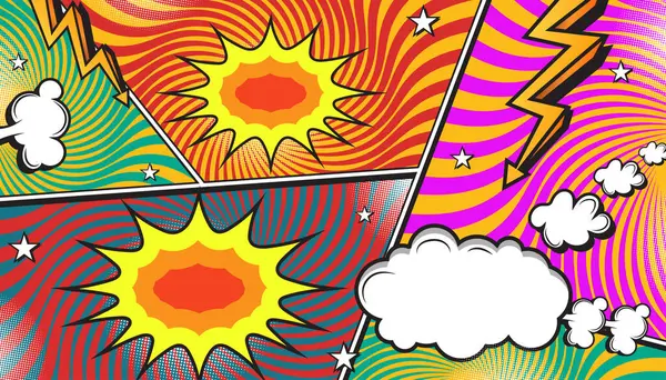 Pop Art Style, Yarıtonlama Noktaları, Konuşma Baloncukları ve Dinamik Eylem Patlamaları ile Renkli Retro Çizgi Roman Patlaması Arkaplanı