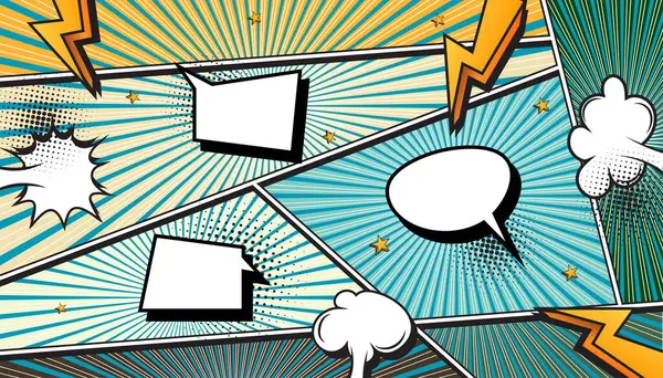 Pop Art Style, Yarıtonlama Noktaları, Konuşma Baloncukları ve Dinamik Eylem Patlamaları ile Renkli Retro Çizgi Roman Patlaması Arkaplanı