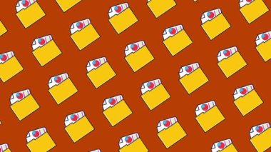 Renkli düz animasyon turuncu dikişsiz döngü arka planı, iş simgesinin şablon arka planı, pürüzsüz bir şekilde izole hareket eden iki sarı belge simgesi yatıyordu