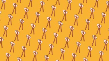 Düz, sağlıklı yaşam tarzı yemek menüsü için sarı arka planda izole edilmiş iki yemek çubuğuyla güzel renkli yarı yumurta ikonu yatıyordu.