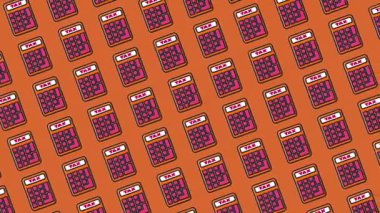 Renkli düz daire animasyonu pembe vergi hesap makinesi ya da turuncu dikişsiz döngü arka planında sorunsuz bir şekilde izole edilmiş vergi simgesinin hesaplanması, iş simgesinin şablon arka planı