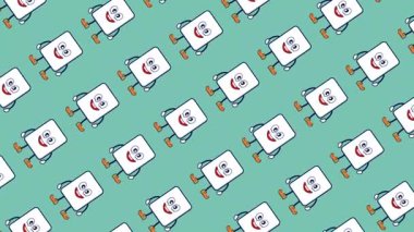 Düz, turuncu ayakkabılı güzel gülücüklü karakter kağıdıyla ev işareti deseni için mavi arka planda izole edilmiş renksiz döngü videosu.
