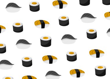 Taze suşi şablonu. Suşi denizi. Asya yemeği, taze balık yemi illüstrasyonu. siyah beyaz ve sarı renk deseni.
