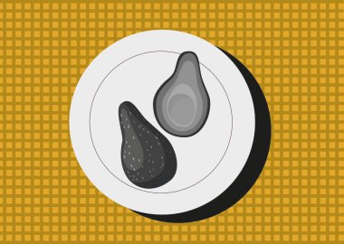 Avokado yarım vektör çizimi, sağlıklı kahvaltı, avokado dilimi. Siyah beyaz çizim. Tabakta yemek.