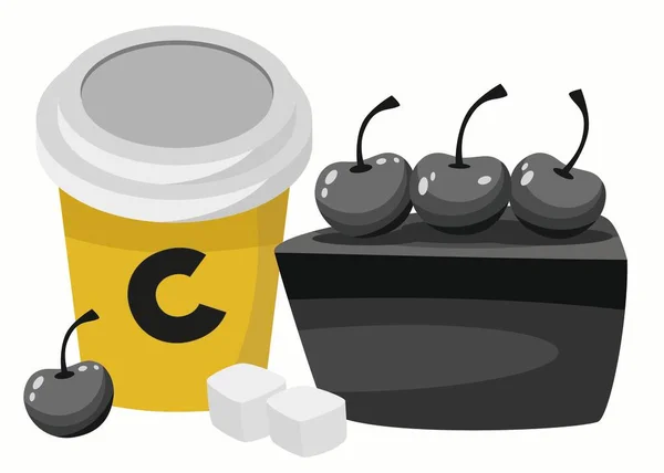 Coffe cup with cherry cake and sugar vector illustration. Dessert in a cafe artwork. BLACK AND WHITE AND YELLOW