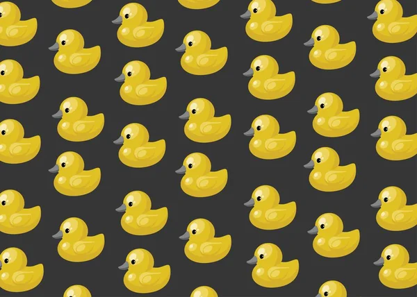 Yellow ducklings on dark grey pattern. Rubber duck vector illustration pattern. Kids toy illustration