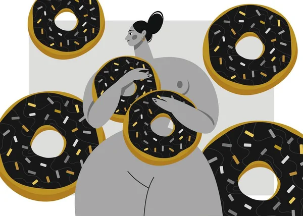 Гола Товста Дівчина Тримає Великі Чорні Пончики Зморшками Ілюстрація Солодкого — стокове фото