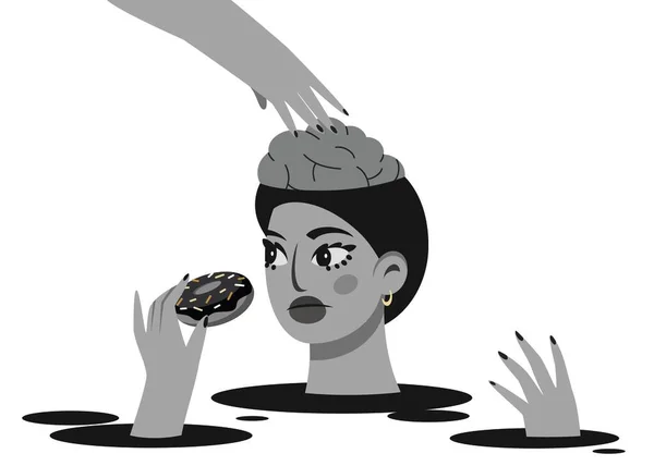 Διόρθωση Εγκεφάλου Τρώγοντας Απεικόνιση Διαταραχή Κορίτσι Τρώει Ντόνατ Χέρι Βυθίζεται Εικόνα Αρχείου