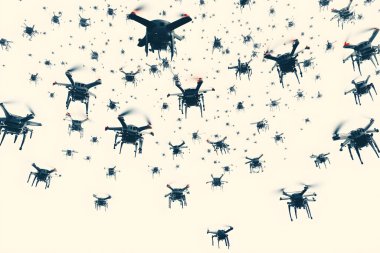 Gökyüzünde uçan çok sayıda dron yoğun ve kaotik bir sahne yaratıyor..