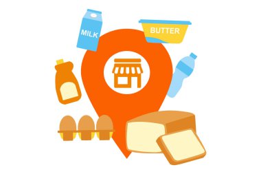 Genel Kaynak Konum Pin Grafikleri çeşitli market ürünlerini düzenli ve temiz illüstrasyon tarzında gösterir