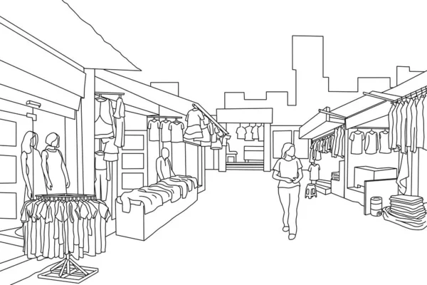 Pouliční Trh Černobílém Obrysu Ilustrace — Stockový vektor