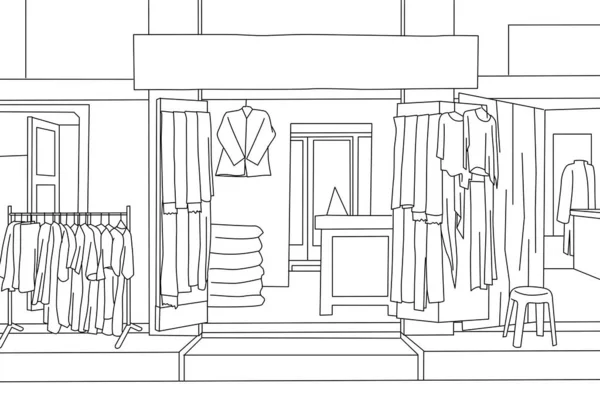 Textilní Obchody Vpředu Černobílém Obrysu — Stockový vektor