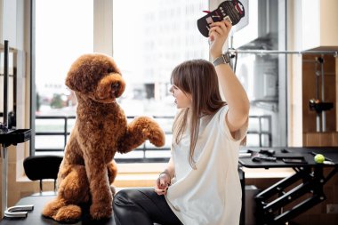 Fotoğraf, büyük kızıl saçlı köpeğiyle bir kuaförde oynayan genç bir kadını resmediyor. Yüksek kalite fotoğraf