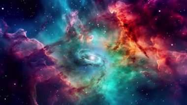 Güzel çiçek galaksileri arasında uçmak. Büyük Kırmızı ve Mavi Nebula. Yüksek kalite 4k görüntü